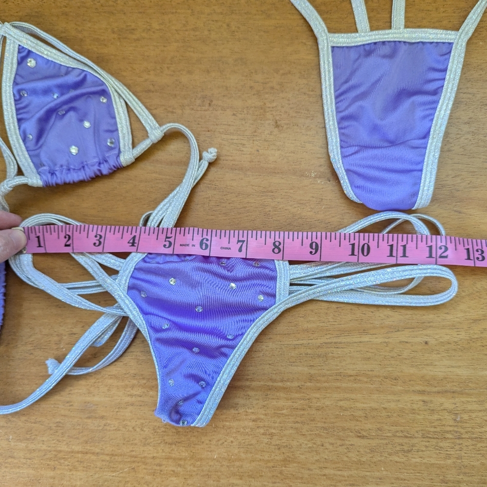Vintage String Micro Bikini Exotic Dancer Purple Rhinestone‎ Rave V-string - Picture 11 of 14